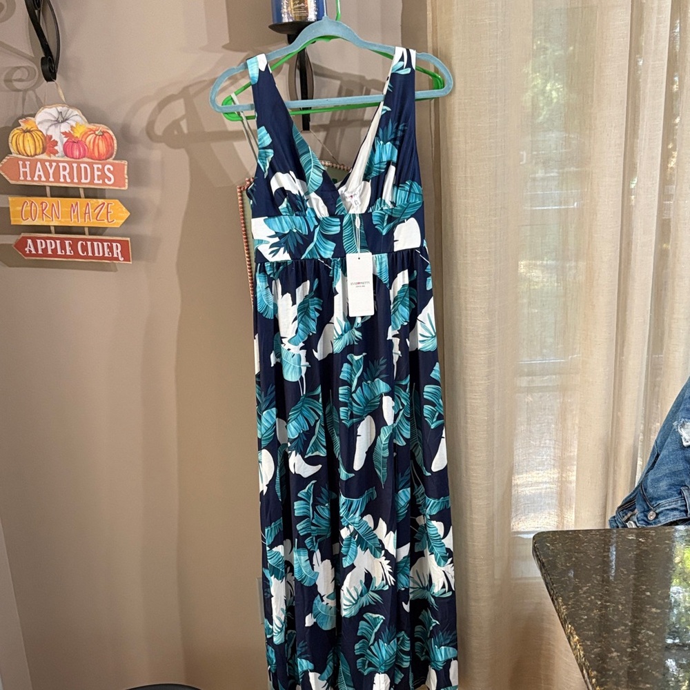 Navy and Teal Leaf Print Maxi Dress